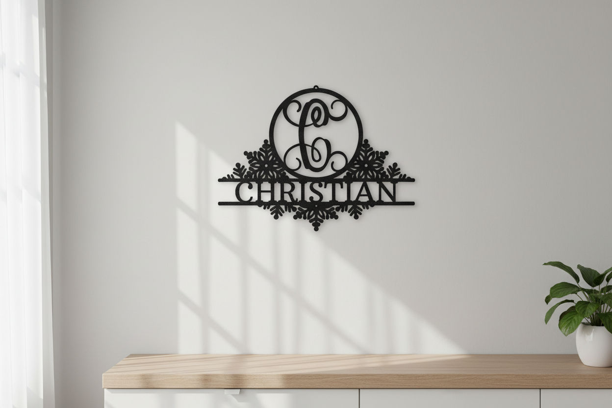 Snowfall Initial Monogram Steel Sign hanging on a modern gray wall