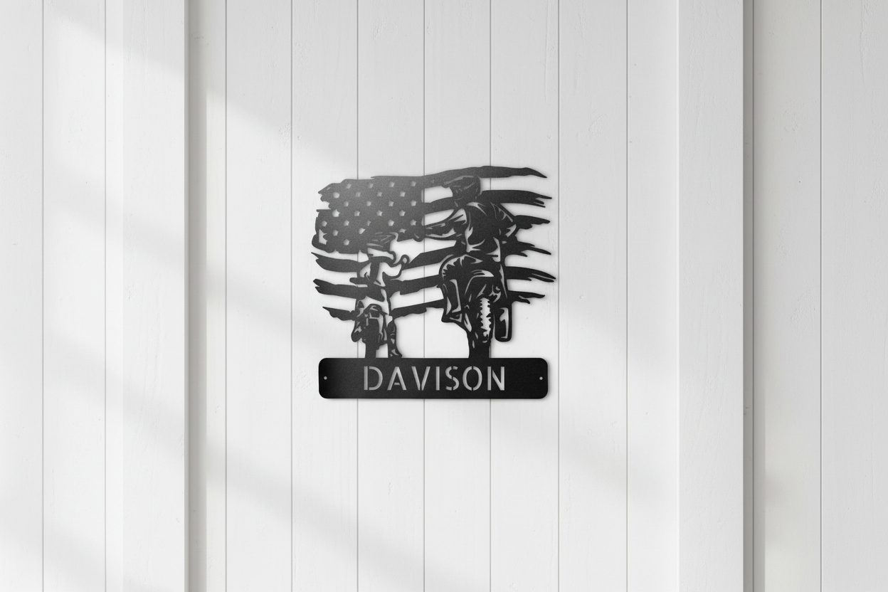 Black American Motocross Family Monogram Steel Sign on board wall