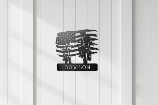 Black American Motocross Family Monogram Steel Sign on board wall