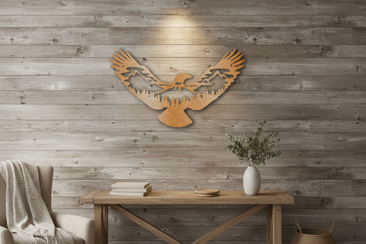 Eagle Scene metal art hanging on a rustic farmhouse wall