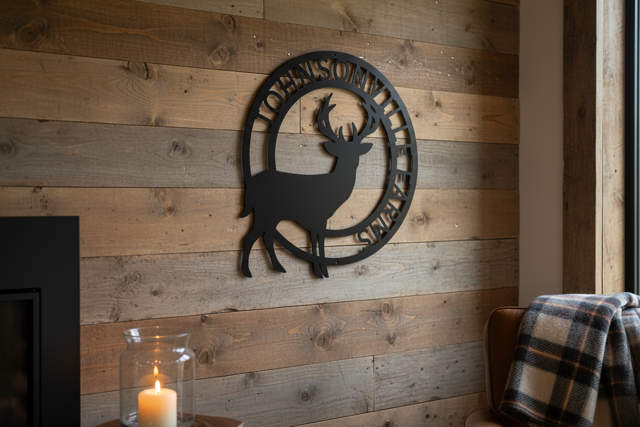 Stag Monogram Steel Sign hanging on a rustic lodge wall