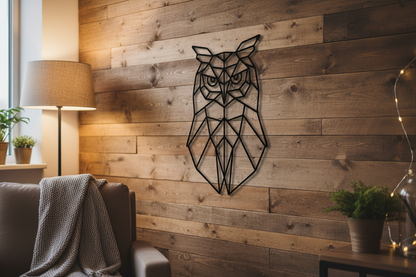 Geometric Owl Steel Sign hanging on a rustic wood wall