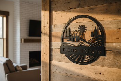 Rolling Fields Monogram Steel Sign hanging on a rustic farmhouse wall