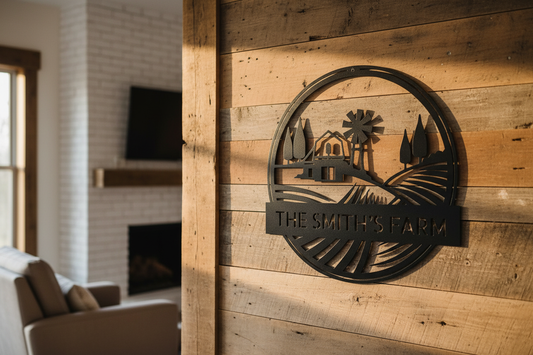 Rolling Fields Monogram Steel Sign hanging on a rustic farmhouse wall