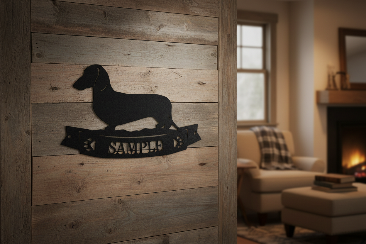 Dachshund Banner Monogram Steel Sign hanging on a rustic wood wall