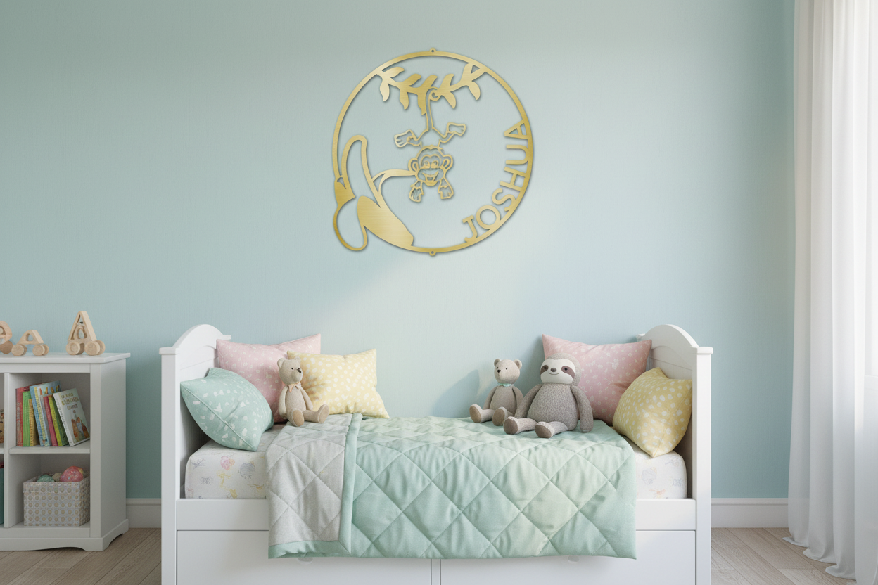 Our Little Monkey Monogram Steel Sign mounted on a wall in a bright cheerful children's bedroom with pastel colors and cozy bedding