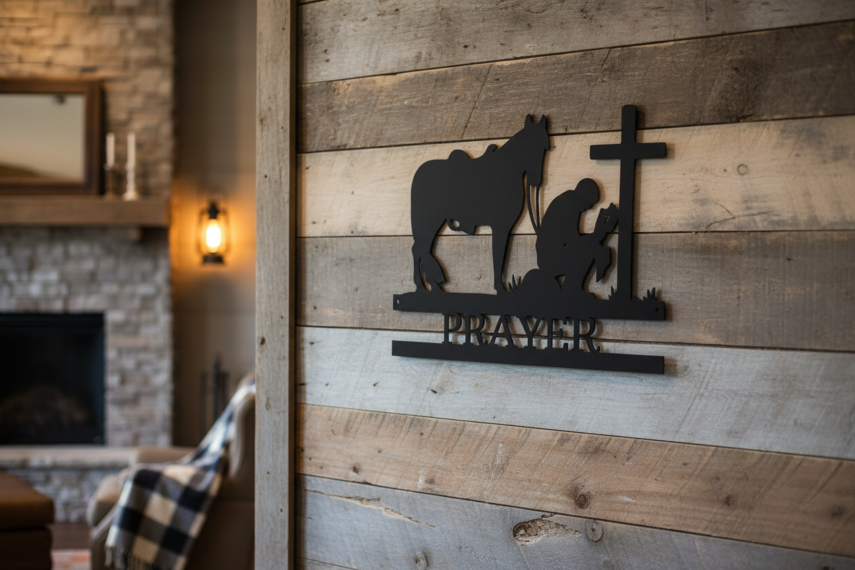 Kneeling Cowboy Monogram Steel Sign hanging on a rustic western wall