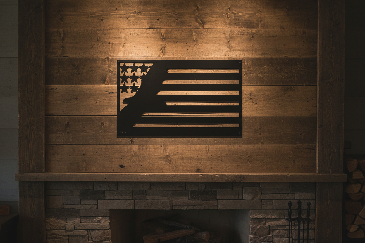 USA Eagle black steel sign hanging on an American-style wall