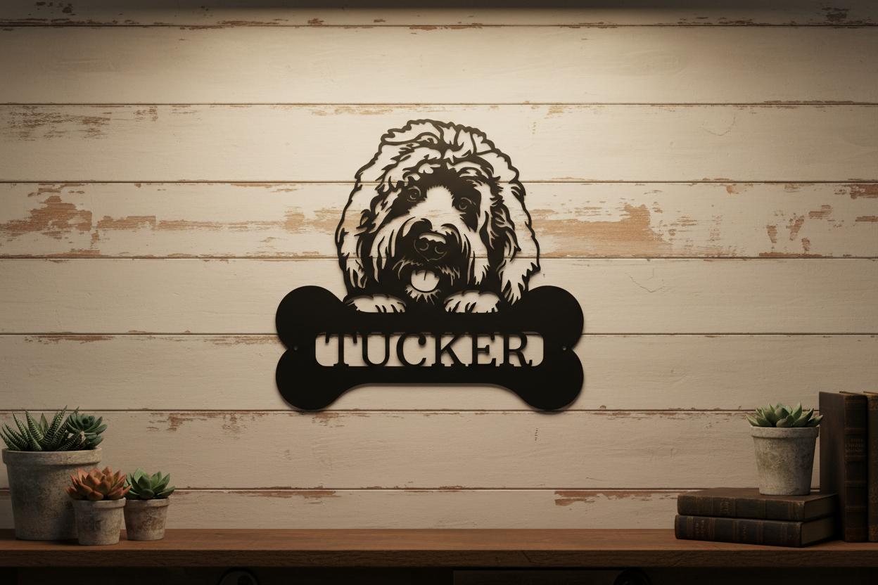 Pick Your Pup Monogram Steel Sign hanging on a rustic farmhouse shiplap wood wall
