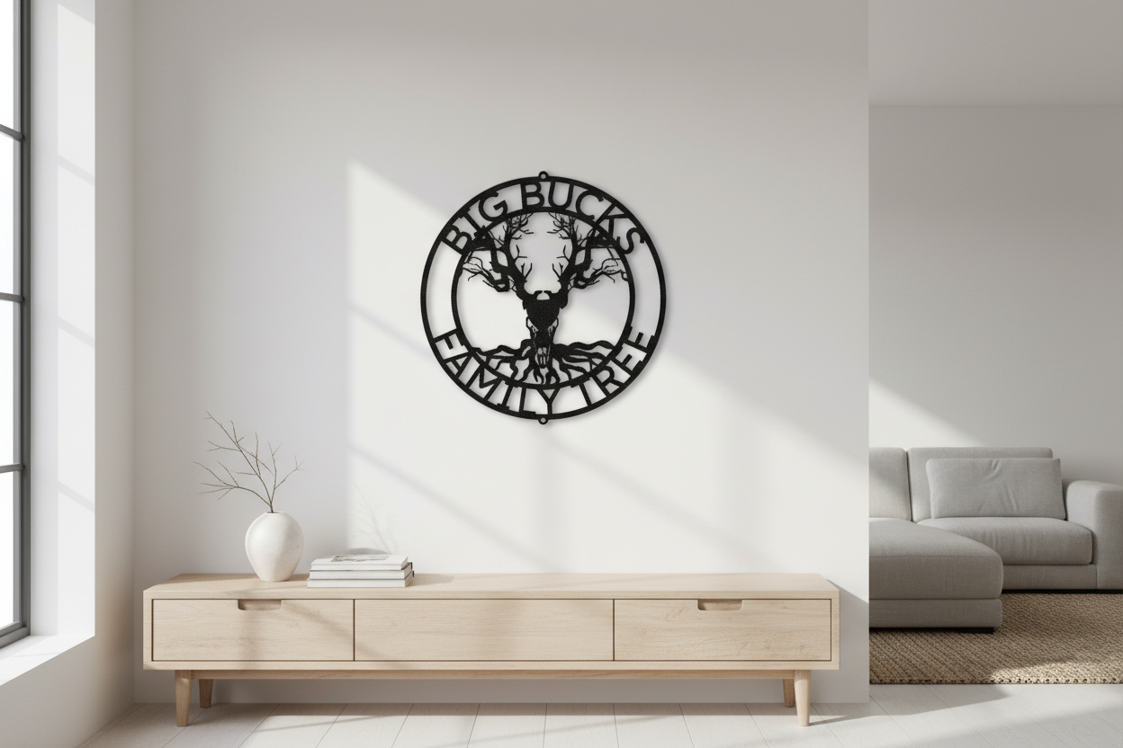 Deer Skull and Tree Monogram Steel Sign hanging on a modern white wall