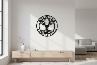 Deer Skull and Tree Monogram Steel Sign hanging on a modern white wall