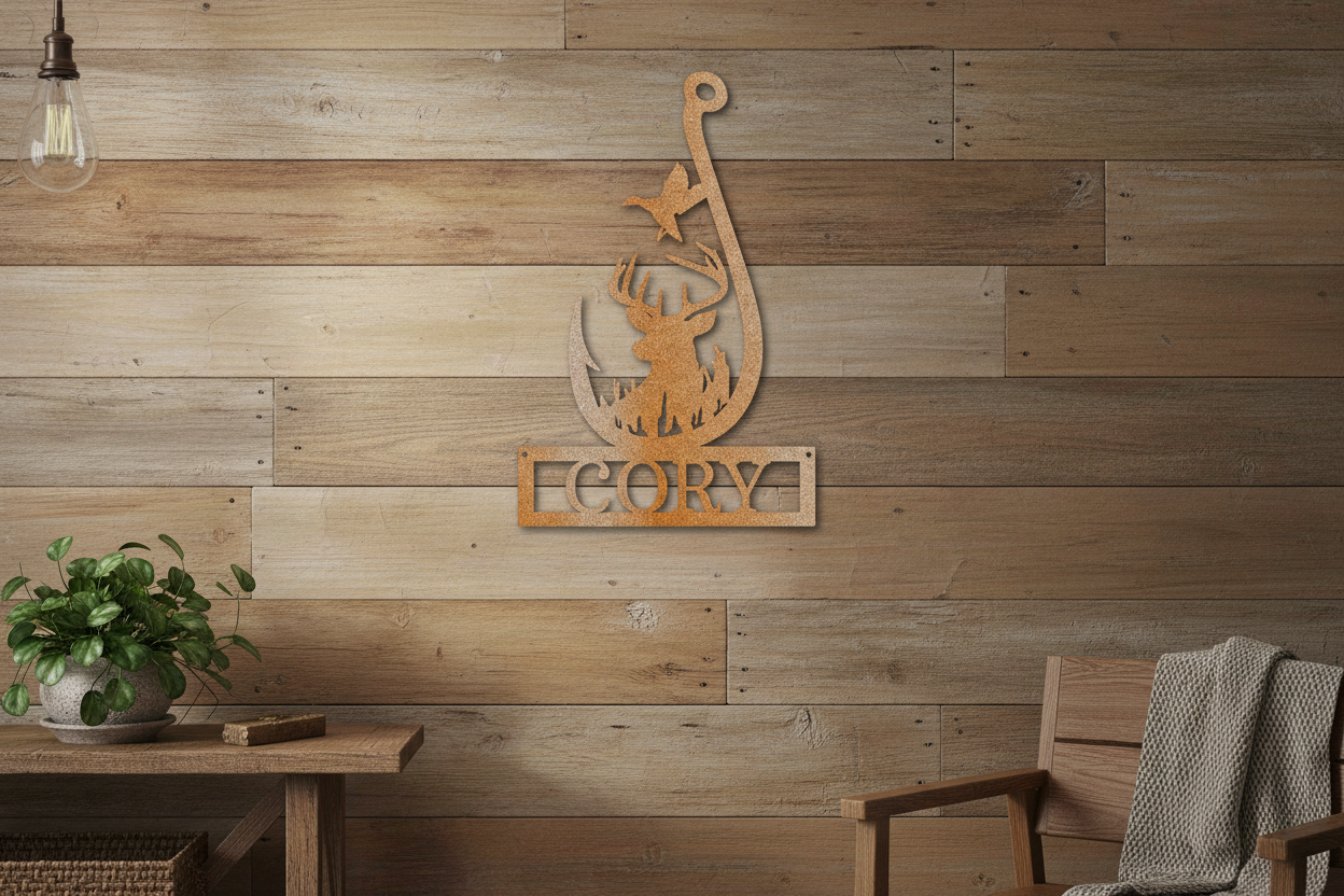 Outdoorsman Monogram 2 steel sign hanging on a rustic farmhouse wall