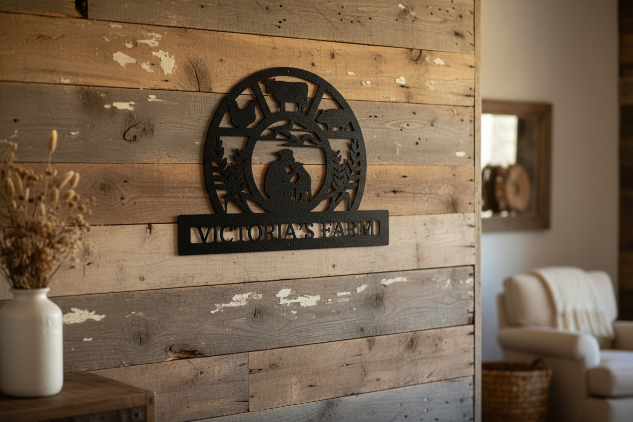 Wheat Field Monogram Steel Sign hanging on a rustic farmhouse wall