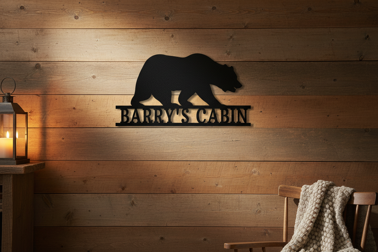Bear Monogram black steel sign hanging on a rustic farmhouse wall