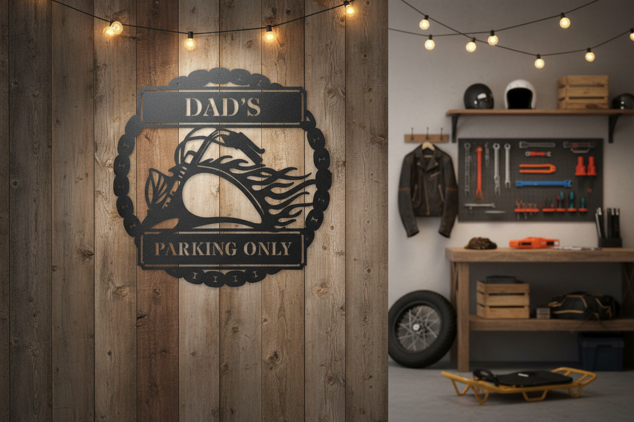 Hog Parking Plaque lifestyle photo in garage setting