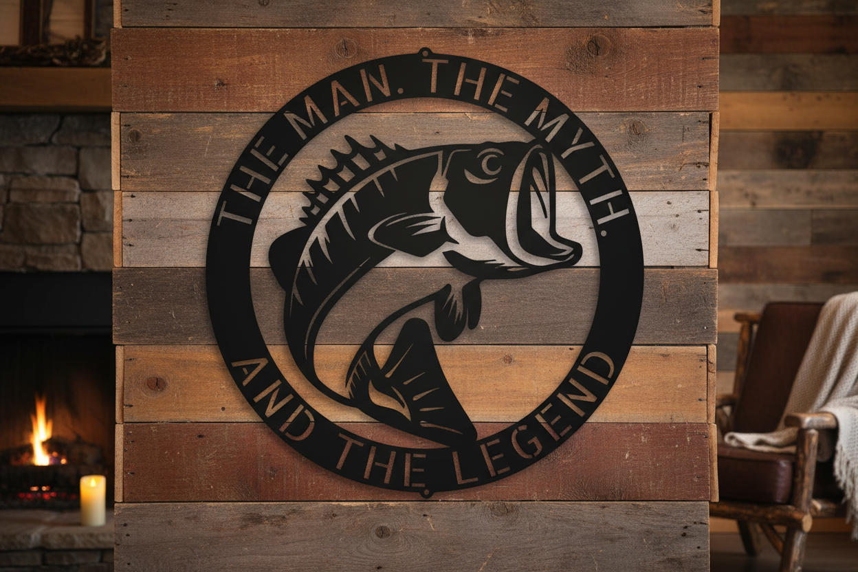 Bass Monogram Steel Sign hanging on a rustic cabin wall