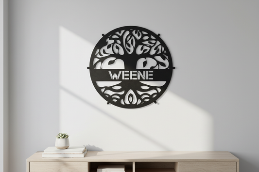 Personalized Tree of Life Steel Sign hanging on a modern gray wall