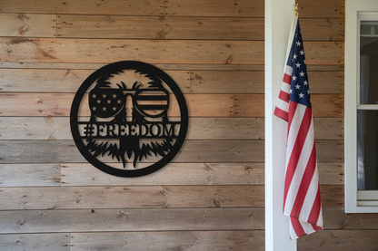 American Eagle Monogram black steel sign mounted on rustic porch wall with American flag on pillar