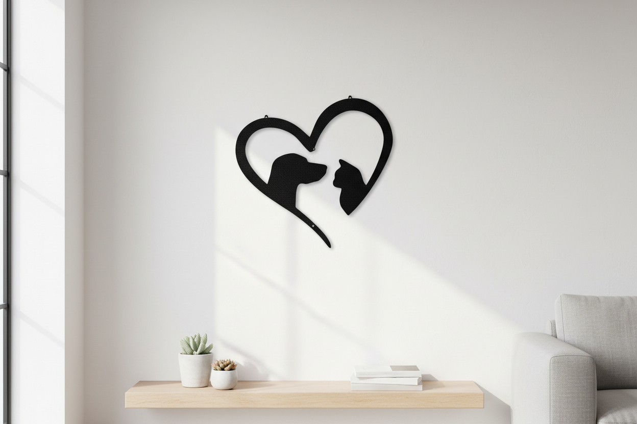 Pet Love Steel Sign hanging on a modern white wall