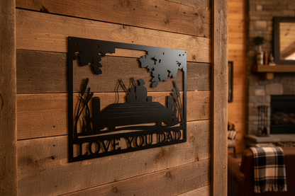 Fishing Buddies Monogram Steel Sign hanging on a rustic cabin wall