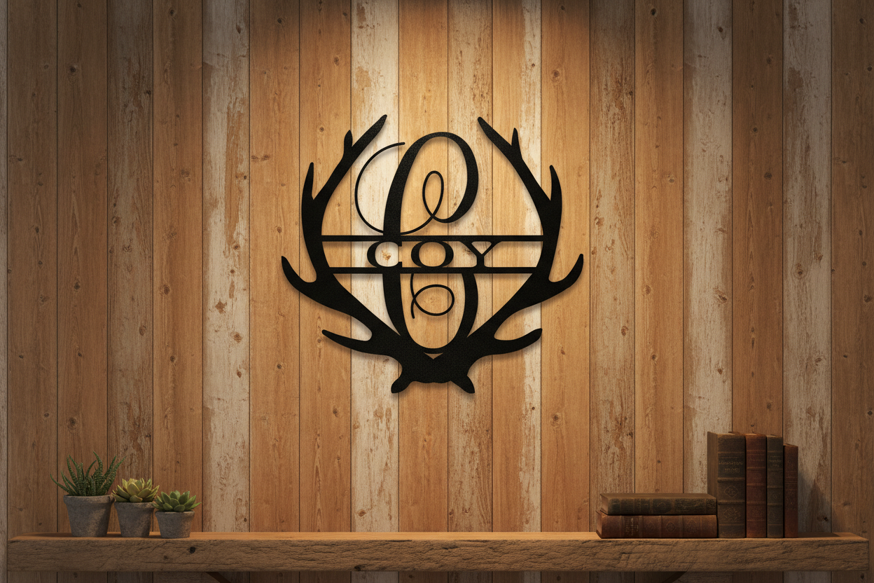 Antler Monogram black steel sign hanging on a rustic farmhouse wall