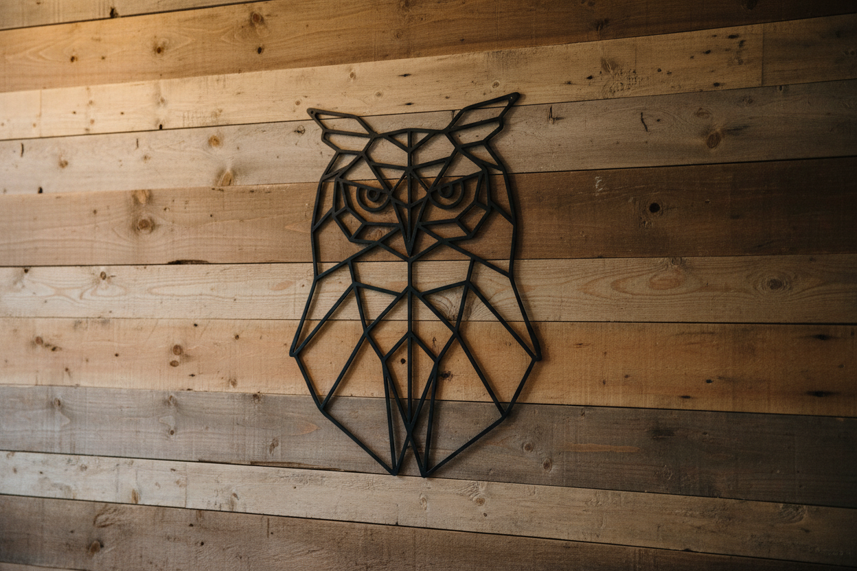 Geometric Owl black steel sign hanging on a rustic farmhouse wall