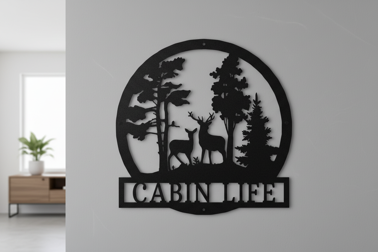 Deer in the Woods Steel Sign hanging on a modern gray wall