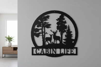 Deer in the Woods Steel Sign hanging on a modern gray wall
