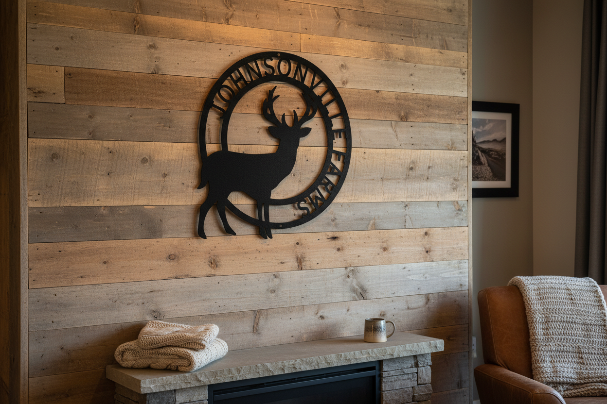 Stag Monogram Steel Sign hanging on a rustic wood wall