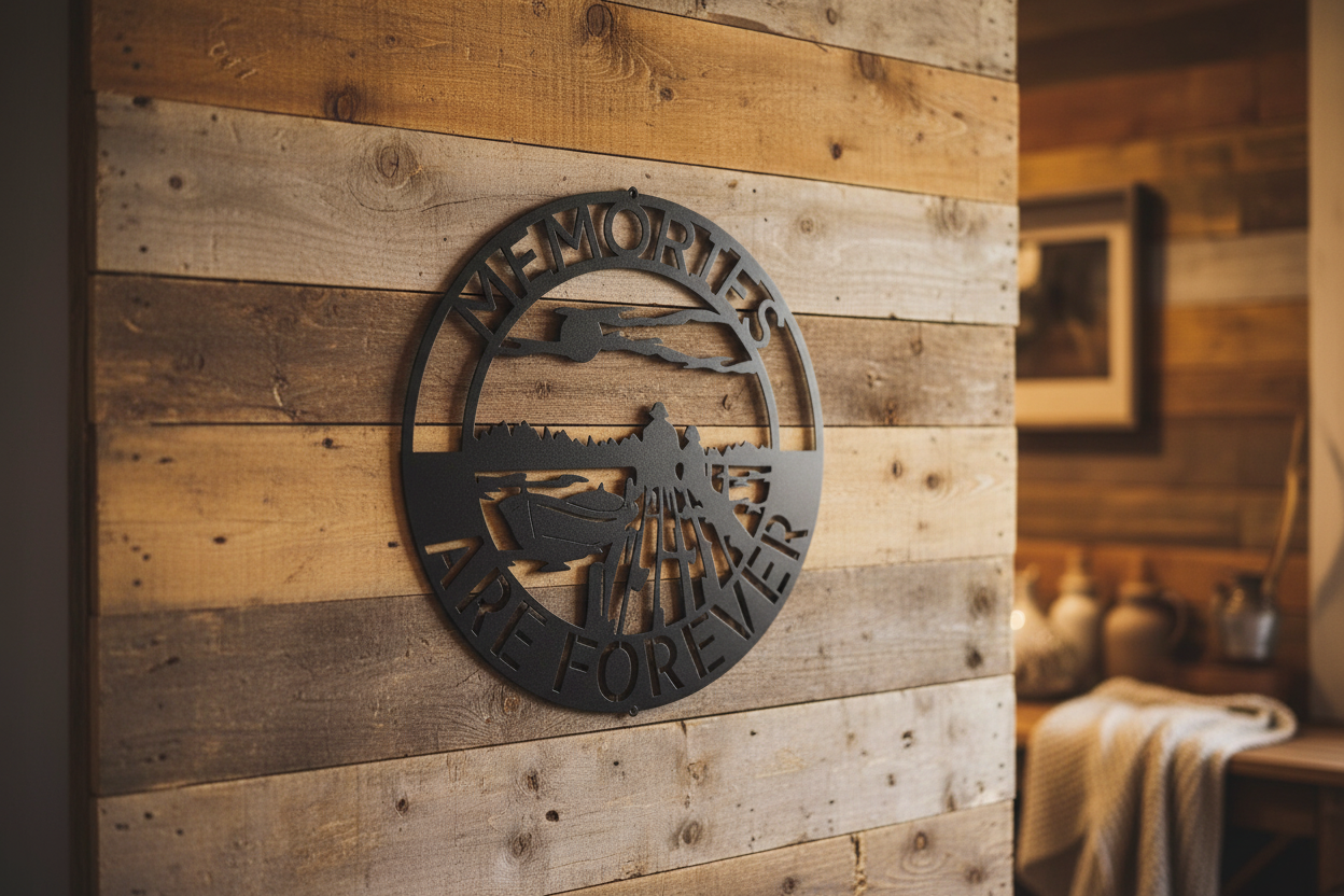 Bonding Family Monogram Steel Sign hanging on a rustic farmhouse wall