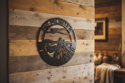 Bonding Family Monogram Steel Sign hanging on a rustic farmhouse wall