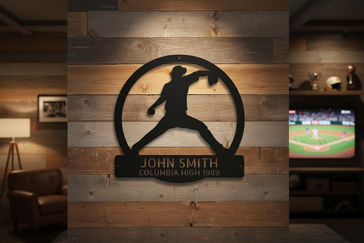 Pitch Perfect Monogram Metal Sign hanging on a rustic wood wall