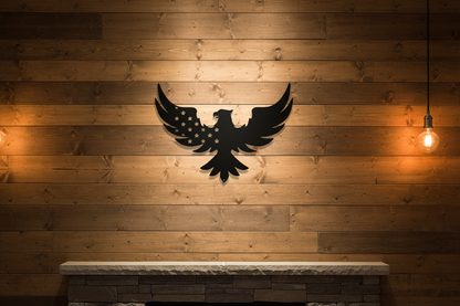 Patriotic Eagle black steel sign hanging on an American-style wall