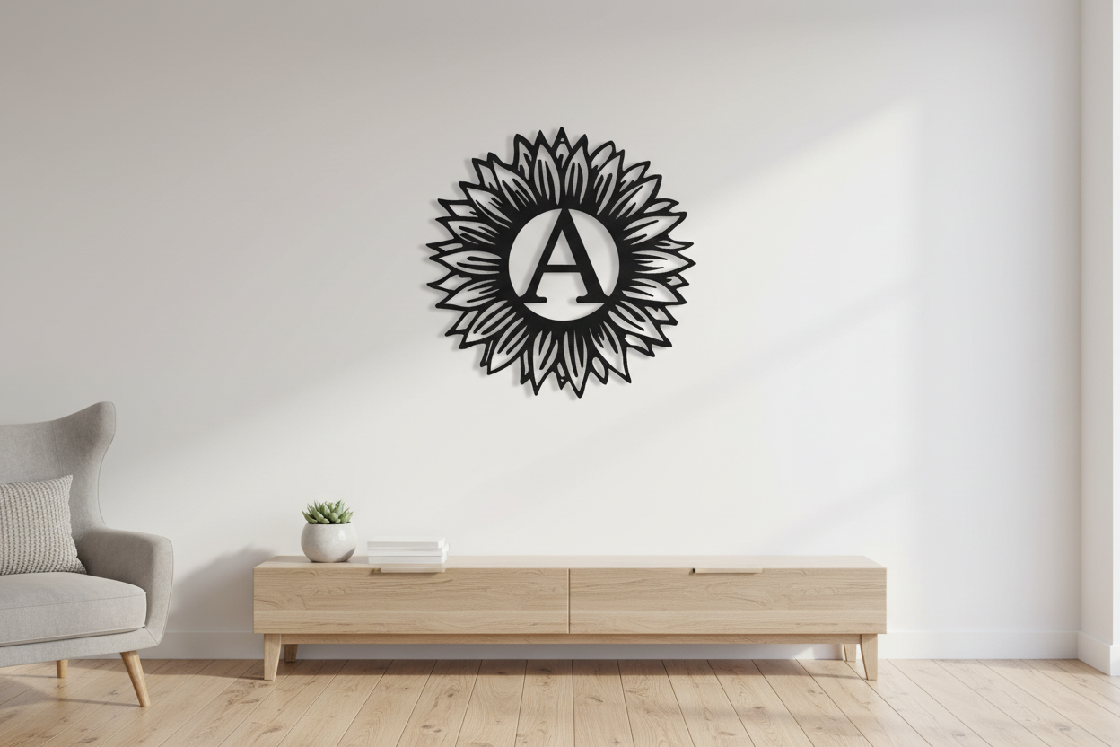 Sunflower Initial Steel Sign hanging on a modern white wall