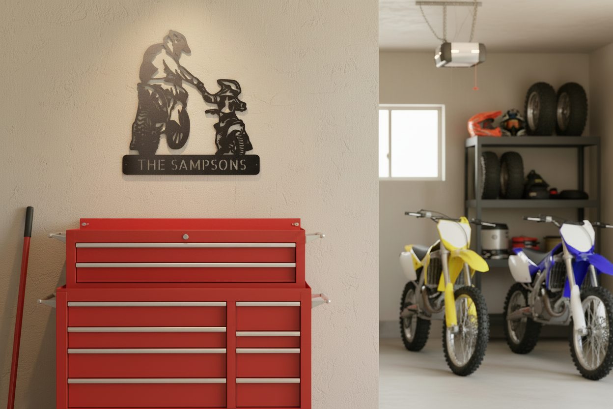 Father and Son Motorcross Monogram Metal Sign displayed in a garage above a toolbox with dirt bikes on stands