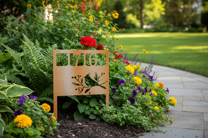 Bird Yard Address Stake Steel Sign planted in a lush garden bed near a front walkway with warm natural outdoor lighting