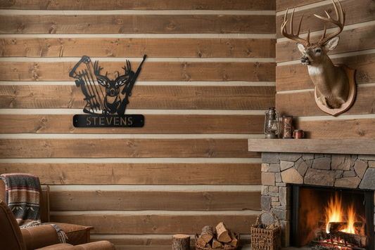 Black Deer Hunter Monogram Metal Sign lifestyle photo hanging on rustic wall with deer head mount