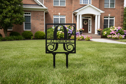 Square Stake Monogram steel sign displayed in an outdoor lawn setting
