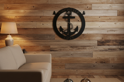 Elaborate Anchor Ring Steel Sign hanging on a rustic nautical wall