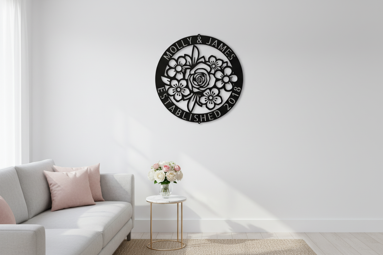 Floral Ring Monogram Steel Sign hanging on a modern white wall