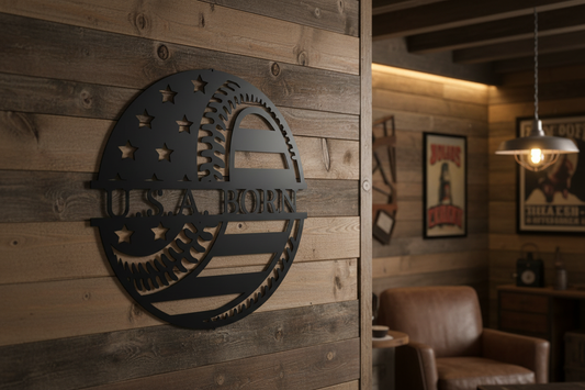 Truck Monogram Steel Sign on a rustic garage wall