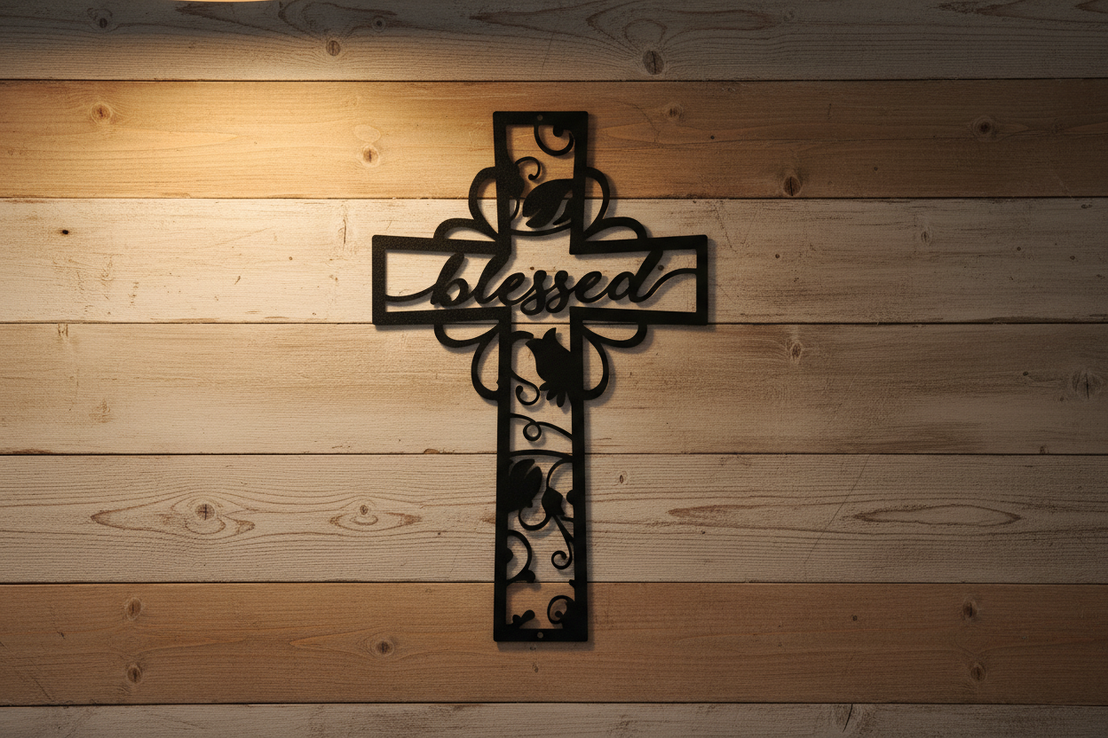 Blessed Cross black steel sign hanging on a rustic farmhouse wall