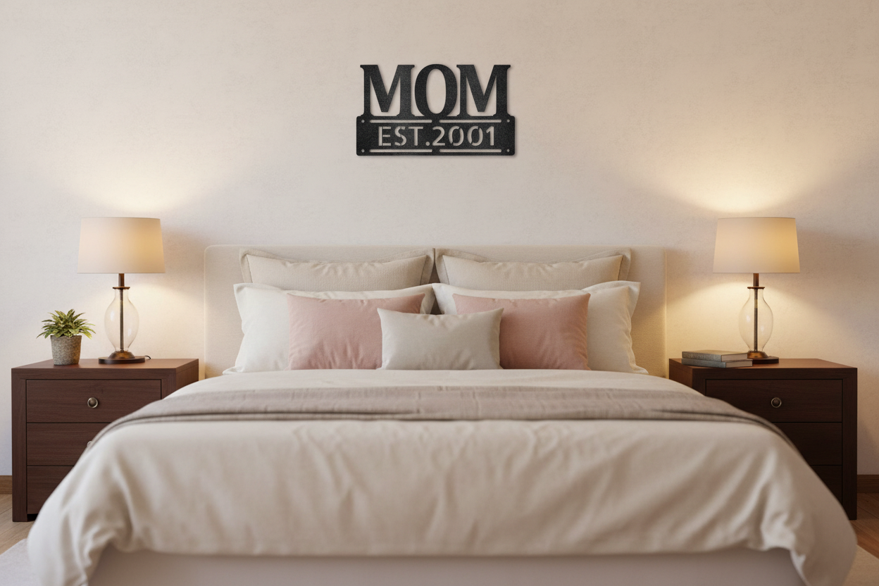 Mother's Day Plaque Steel Sign in black displayed on a bedroom wall above a bed with cozy bedding