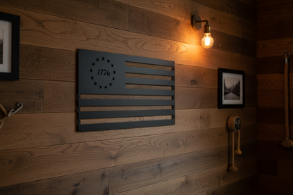 1776 Flag black steel sign hanging on an American-style wall
