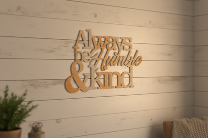 Humble and Kind Steel Sign hanging on a rustic farmhouse shiplap wood wall