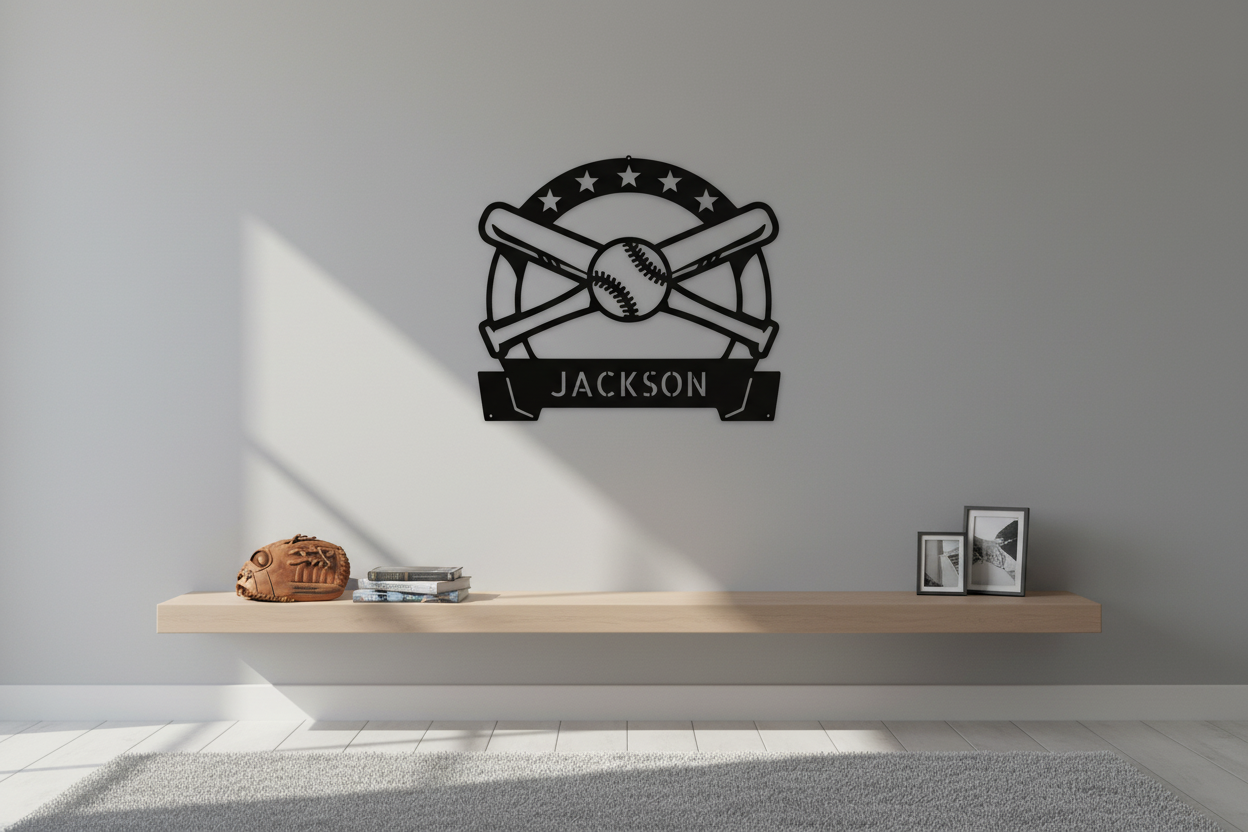 Play Ball Monogram Metal Sign hanging on a modern gray wall