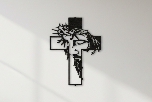 Christ Cross Steel Sign hanging on a modern white wall