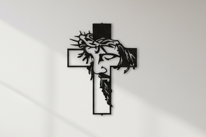 Christ Cross Steel Sign hanging on a modern white wall