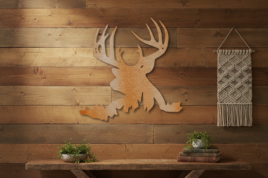 Deer Head steel sign hanging on a rustic farmhouse wall