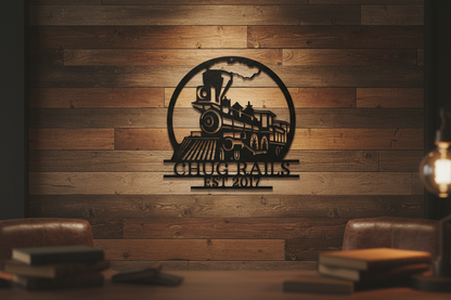 Old Fashion Train Monogram Steel Sign hanging on a rustic farmhouse wall